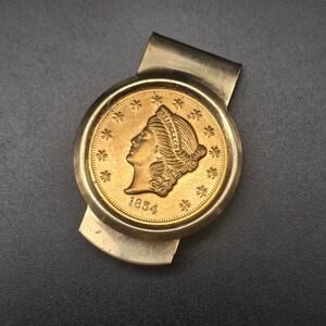 Vintage 1854 Liberty Coin Money Clip Reproduction Gold Tone Vintage